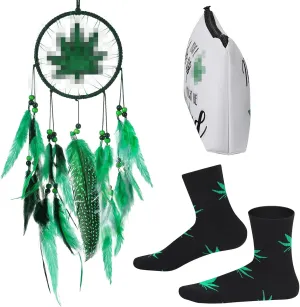 Wenqik 3 Pcs Green Leaf Gifts for Women, Friends, Mom, Green Enthusiasts Include Embroidery Dream Catcher, Makeup Bag Zipper Bag Stockings Cotton Valentine Mind Birthday Party