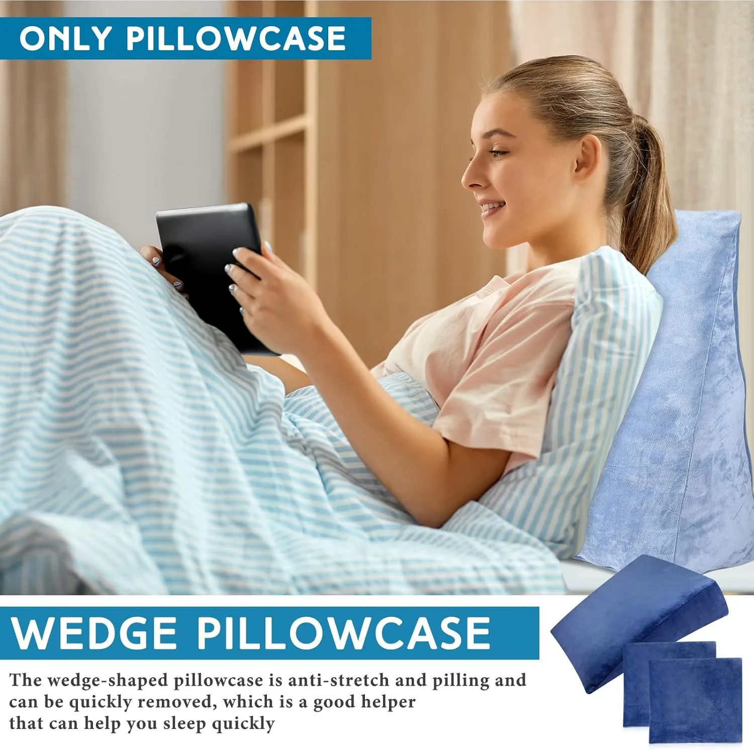 Wesiti 2 Pcs Wedge Pillow Cover for Bed Pillow Case Fits Wedges up for Home Sleeping Supplies, Only Pillowcase(27 x 27 x 8 Inch,Navy Blue)