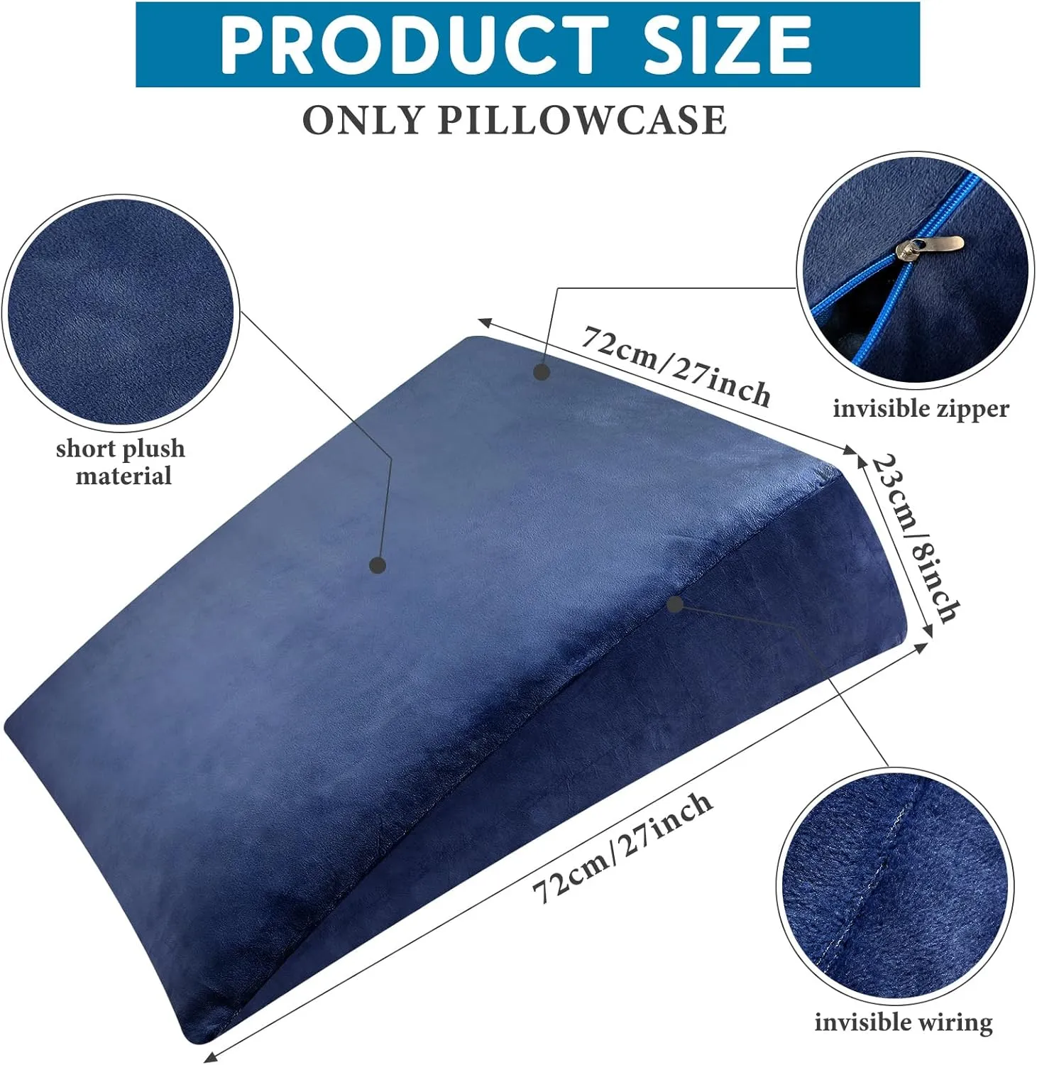 Wesiti 2 Pcs Wedge Pillow Cover for Bed Pillow Case Fits Wedges up for Home Sleeping Supplies, Only Pillowcase(27 x 27 x 8 Inch,Navy Blue)