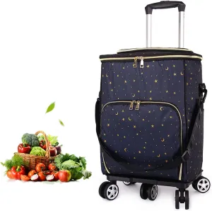 Wheeled Shopping Cart Folding Fashion Trolley Bag Insulation Shopping Cart Lightweight Portable Waterproof Shopping Bag Wheeled Trolley, Detachable Bag,Bear, Stars