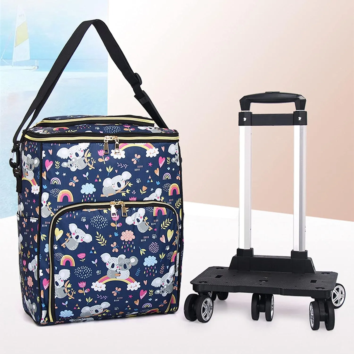 Wheeled Shopping Cart Folding Fashion Trolley Bag Insulation Shopping Cart Lightweight Portable Waterproof Shopping Bag Wheeled Trolley, Detachable Bag,Bear, Stars