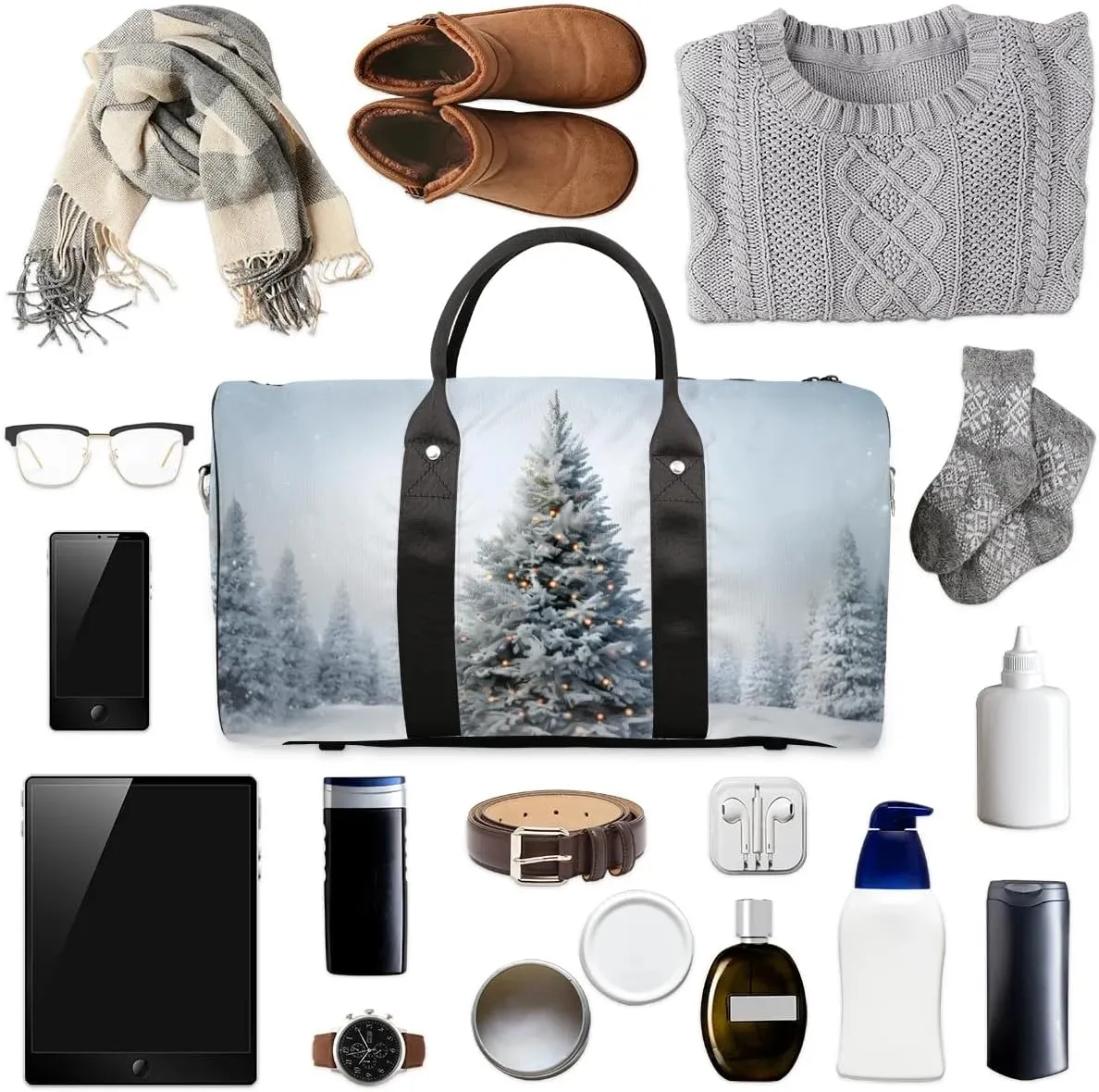 White Christmas Tree Travel Duffel Bag for Women Men Waterproof Foldable Overnight Weekender Bag Large Capacity Sports Gym Bag