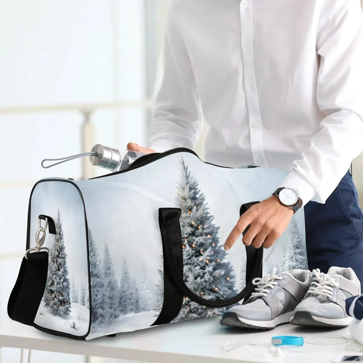 White Christmas Tree Travel Duffel Bag for Women Men Waterproof Foldable Overnight Weekender Bag Large Capacity Sports Gym Bag