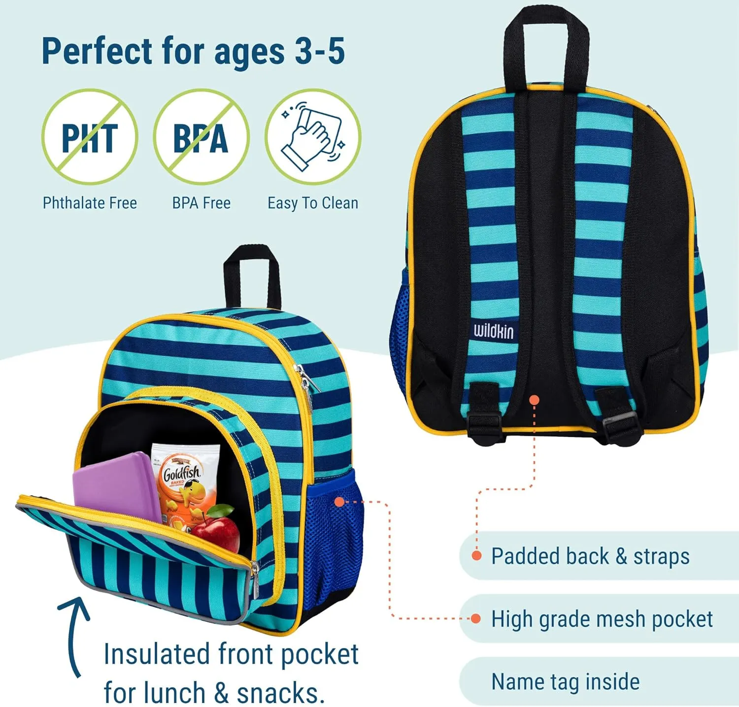 Wildkin 12-inch Kids Backpack – Padded, Adjustable, Ideal for Daycare & Travel - Blue Stripes