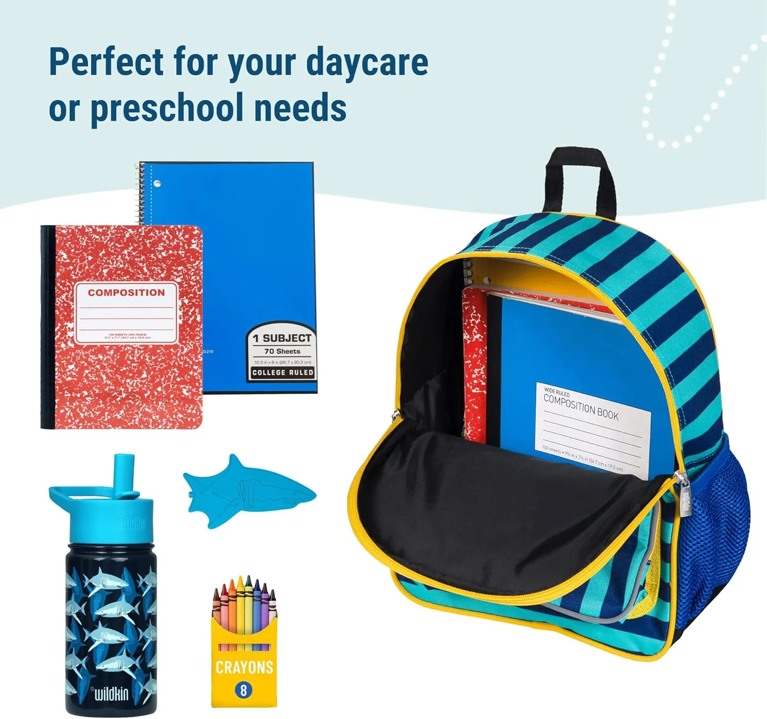 Wildkin 12-inch Kids Backpack – Padded, Adjustable, Ideal for Daycare & Travel - Blue Stripes
