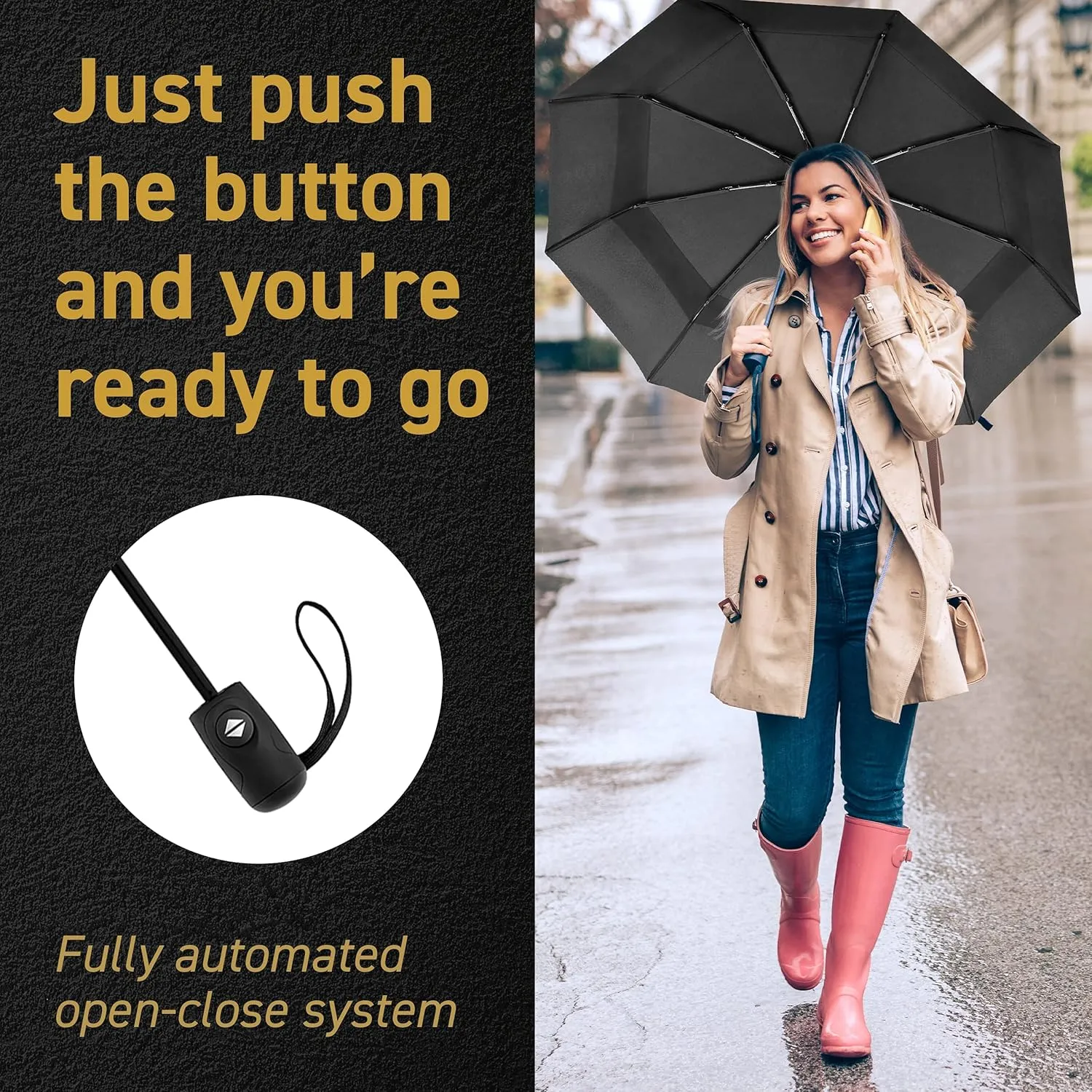 Windproof Travel Umbrellas for Rain - Lightweight, Strong, Compact with & Easy Auto Open/Close Button for Single Hand Use - Double Vented Canopy for Men & Women