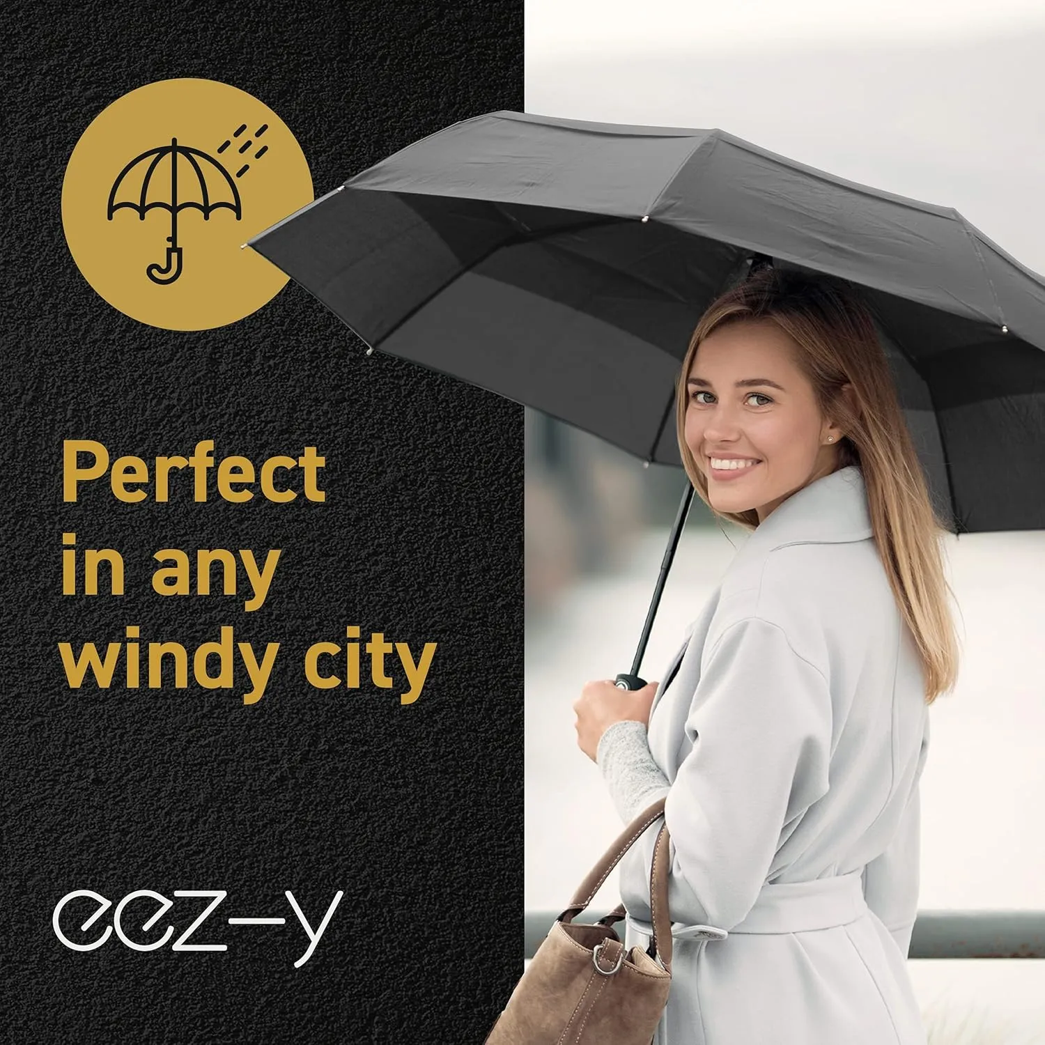 Windproof Travel Umbrellas for Rain - Lightweight, Strong, Compact with & Easy Auto Open/Close Button for Single Hand Use - Double Vented Canopy for Men & Women