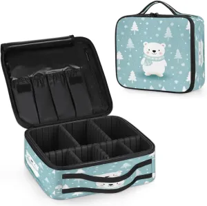 Winter Bear Makeup Bag for Travel, Cosmetic Bag with Dividers Toiletry Storage Cute Bear with Tree Portable Organizer Train Case for Cosmetics Makeup Brushes Jewelry
