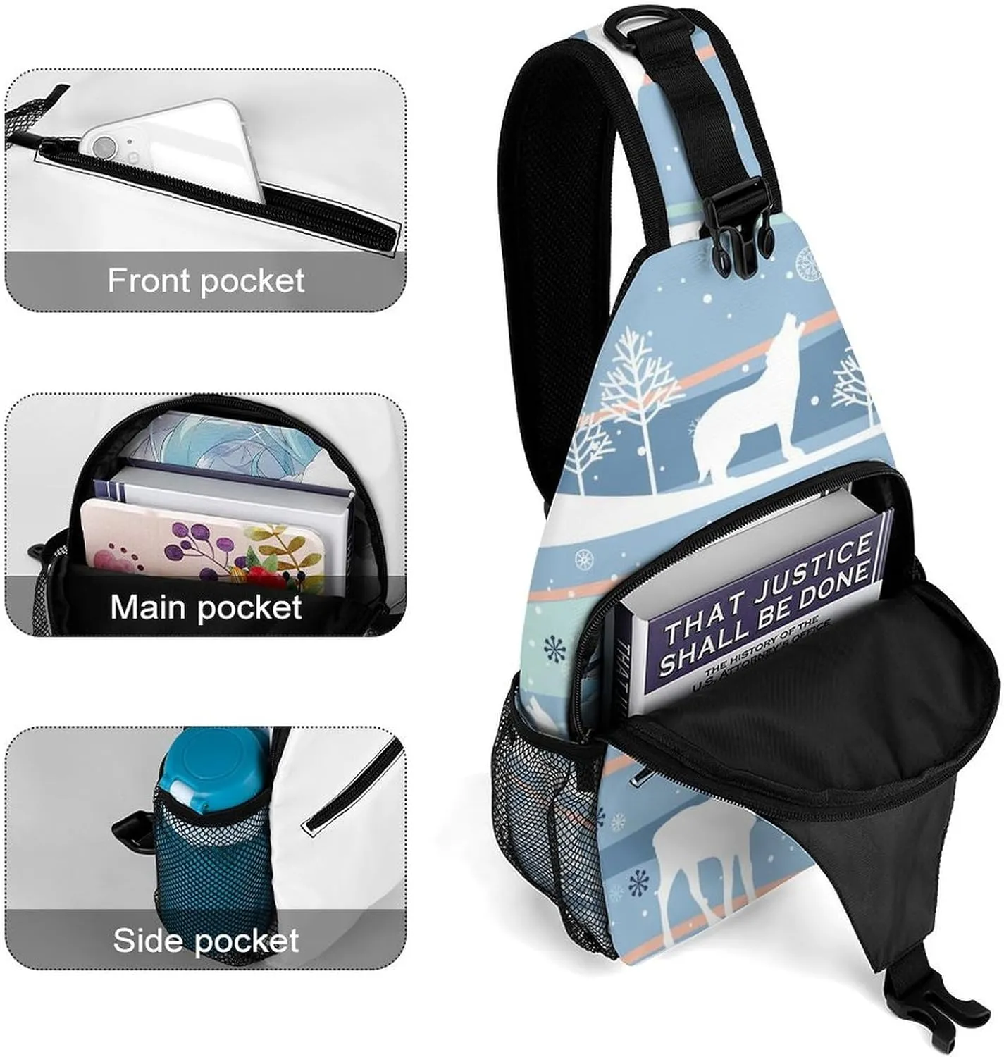 Winter-pattern Sling Backpack, Crossbody Shoulder Bag, Chest Bags for Outdoor Travel Fitness, 38x20cm, Style-2