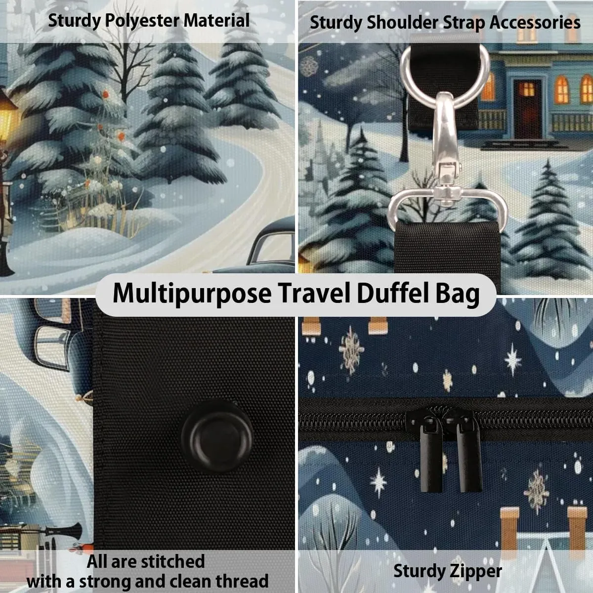 Winter Village Snow Scene Travel Duffel Bag for Women Men Waterproof Foldable Overnight Weekender Bag Large Capacity Sports Gym Bag