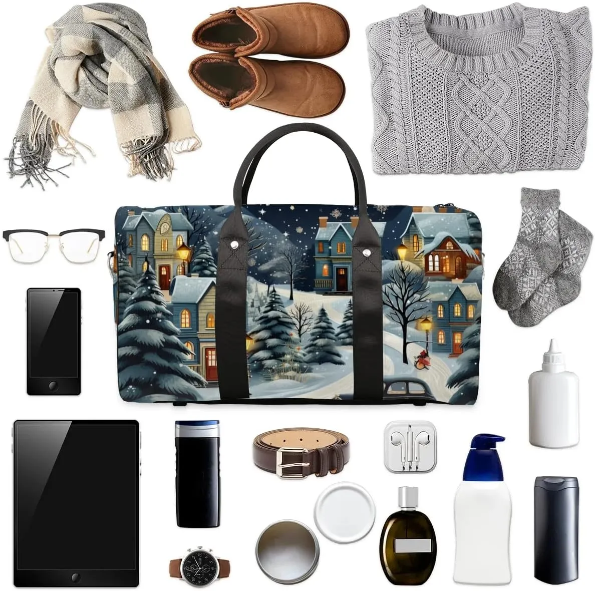 Winter Village Snow Scene Travel Duffel Bag for Women Men Waterproof Foldable Overnight Weekender Bag Large Capacity Sports Gym Bag
