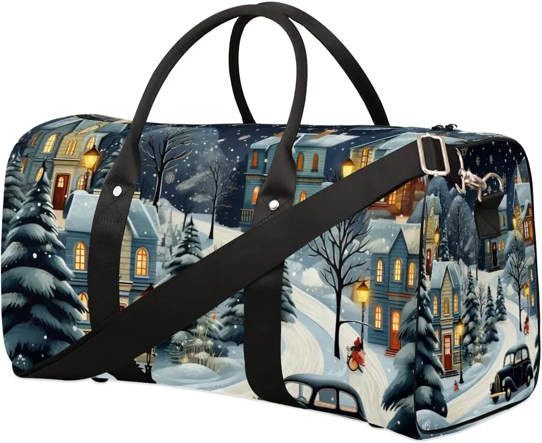 Winter Village Snow Scene Travel Duffel Bag for Women Men Waterproof Foldable Overnight Weekender Bag Large Capacity Sports Gym Bag