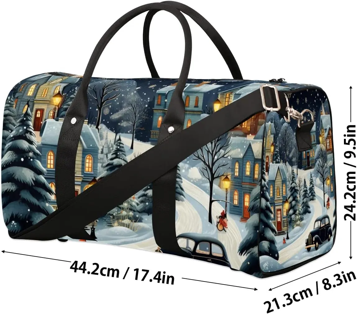 Winter Village Snow Scene Travel Duffel Bag for Women Men Waterproof Foldable Overnight Weekender Bag Large Capacity Sports Gym Bag