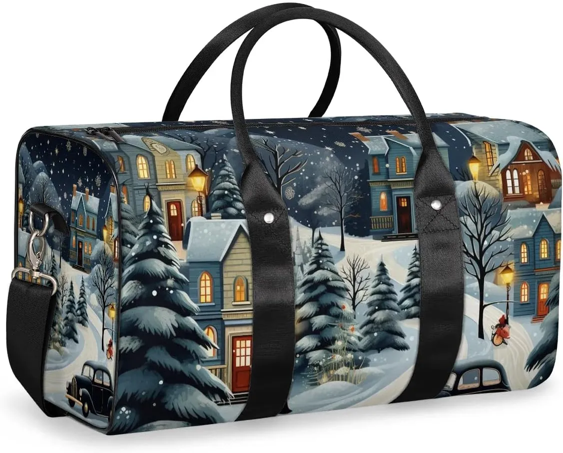 Winter Village Snow Scene Travel Duffel Bag for Women Men Waterproof Foldable Overnight Weekender Bag Large Capacity Sports Gym Bag