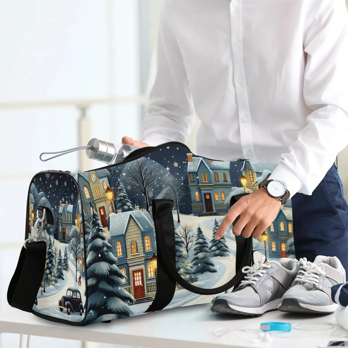 Winter Village Snow Scene Travel Duffel Bag for Women Men Waterproof Foldable Overnight Weekender Bag Large Capacity Sports Gym Bag