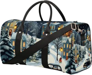 Winter Village Snow Scene Travel Duffel Bag for Women Men Waterproof Foldable Overnight Weekender Bag Large Capacity Sports Gym Bag