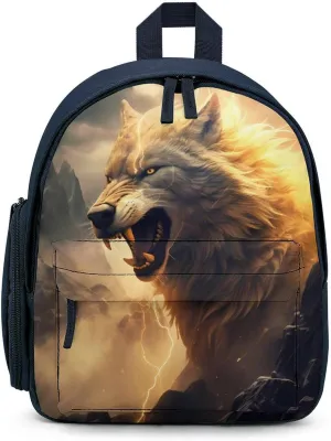 Wolf in Mountains with Thunder Surrounding Mini Backpack for Women Small Double Shoulder Cute Daypack Purse Lightweight Bag