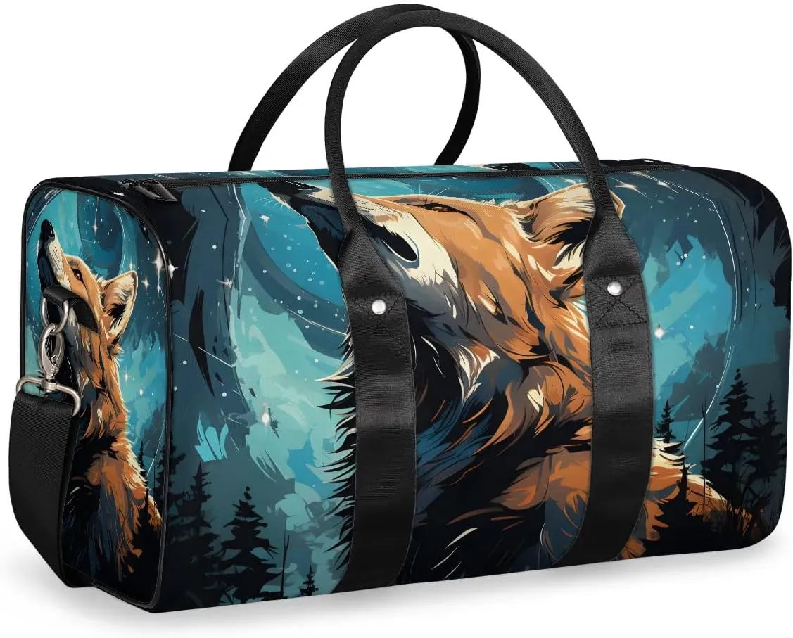 Wolf Printed Travel Duffel Bag for Women Men Waterproof Foldable Overnight Weekender Bag Large Capacity Sports Gym Bag