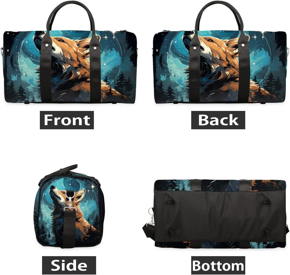 Wolf Printed Travel Duffel Bag for Women Men Waterproof Foldable Overnight Weekender Bag Large Capacity Sports Gym Bag