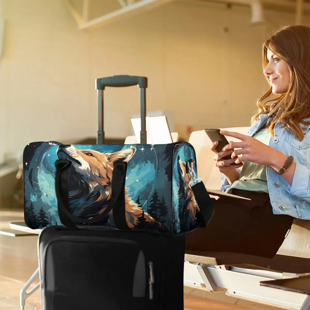 Wolf Printed Travel Duffel Bag for Women Men Waterproof Foldable Overnight Weekender Bag Large Capacity Sports Gym Bag