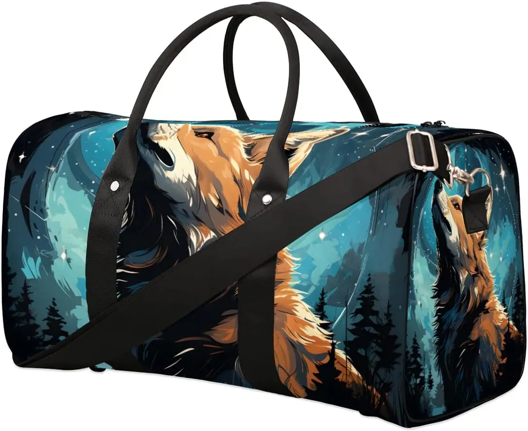 Wolf Printed Travel Duffel Bag for Women Men Waterproof Foldable Overnight Weekender Bag Large Capacity Sports Gym Bag