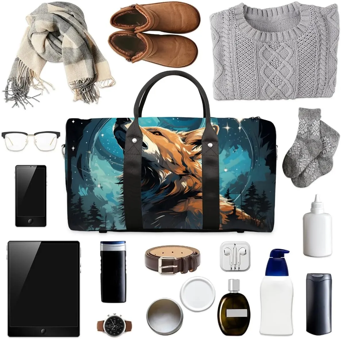 Wolf Printed Travel Duffel Bag for Women Men Waterproof Foldable Overnight Weekender Bag Large Capacity Sports Gym Bag