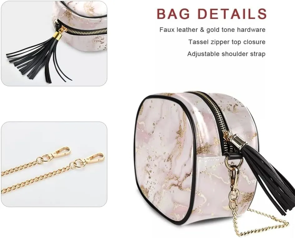 Women Crossbody Bag Rose Glitter Marble Print Leather Chain Shoulder Messenger Bags Female Handbag and Purse