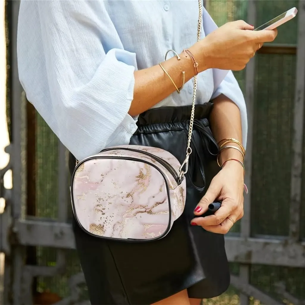 Women Crossbody Bag Rose Glitter Marble Print Leather Chain Shoulder Messenger Bags Female Handbag and Purse