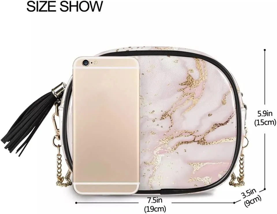 Women Crossbody Bag Rose Glitter Marble Print Leather Chain Shoulder Messenger Bags Female Handbag and Purse