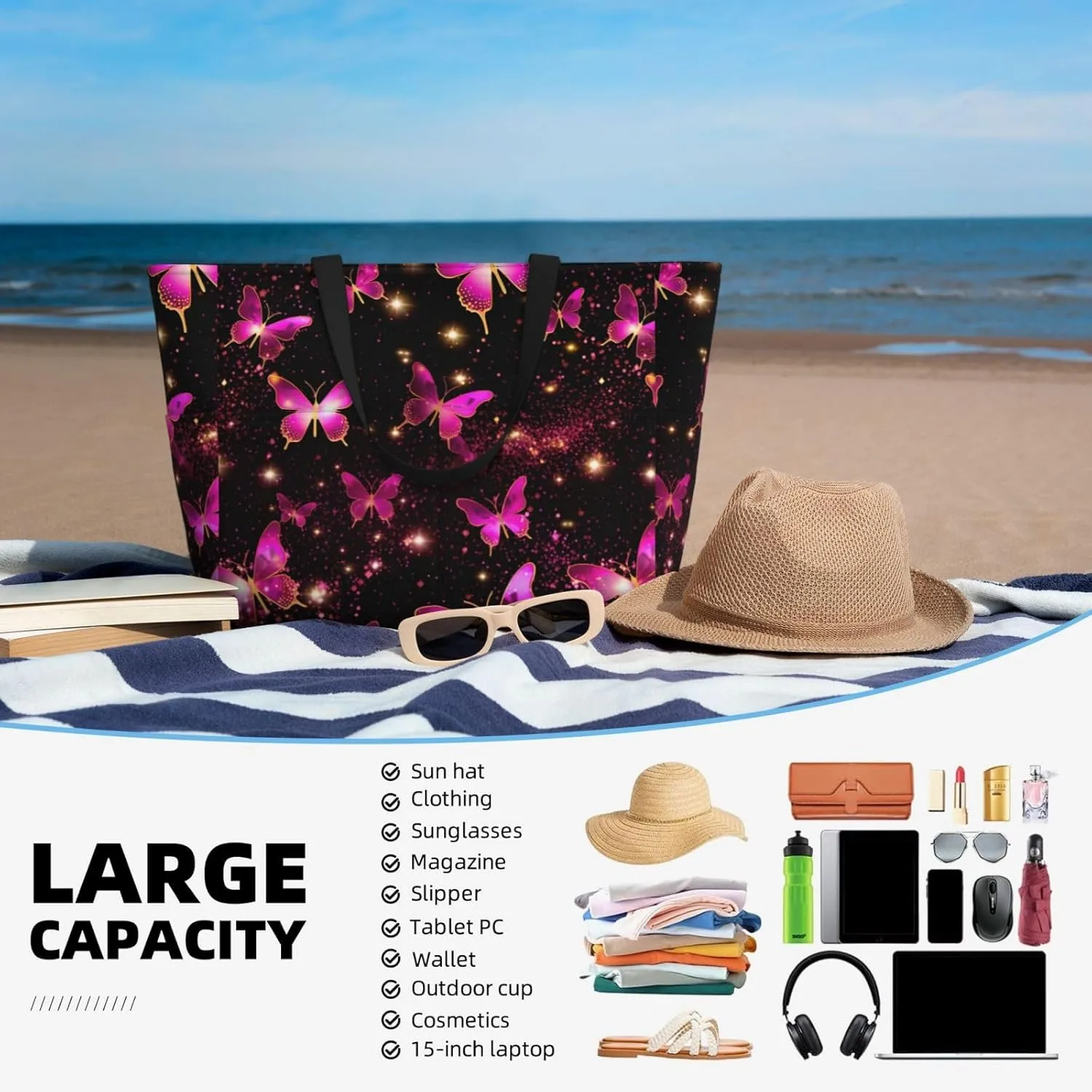 Women Large Beach Bag Travel Weekender Foldable Tote Bag for Pool Beach Vacation Gym