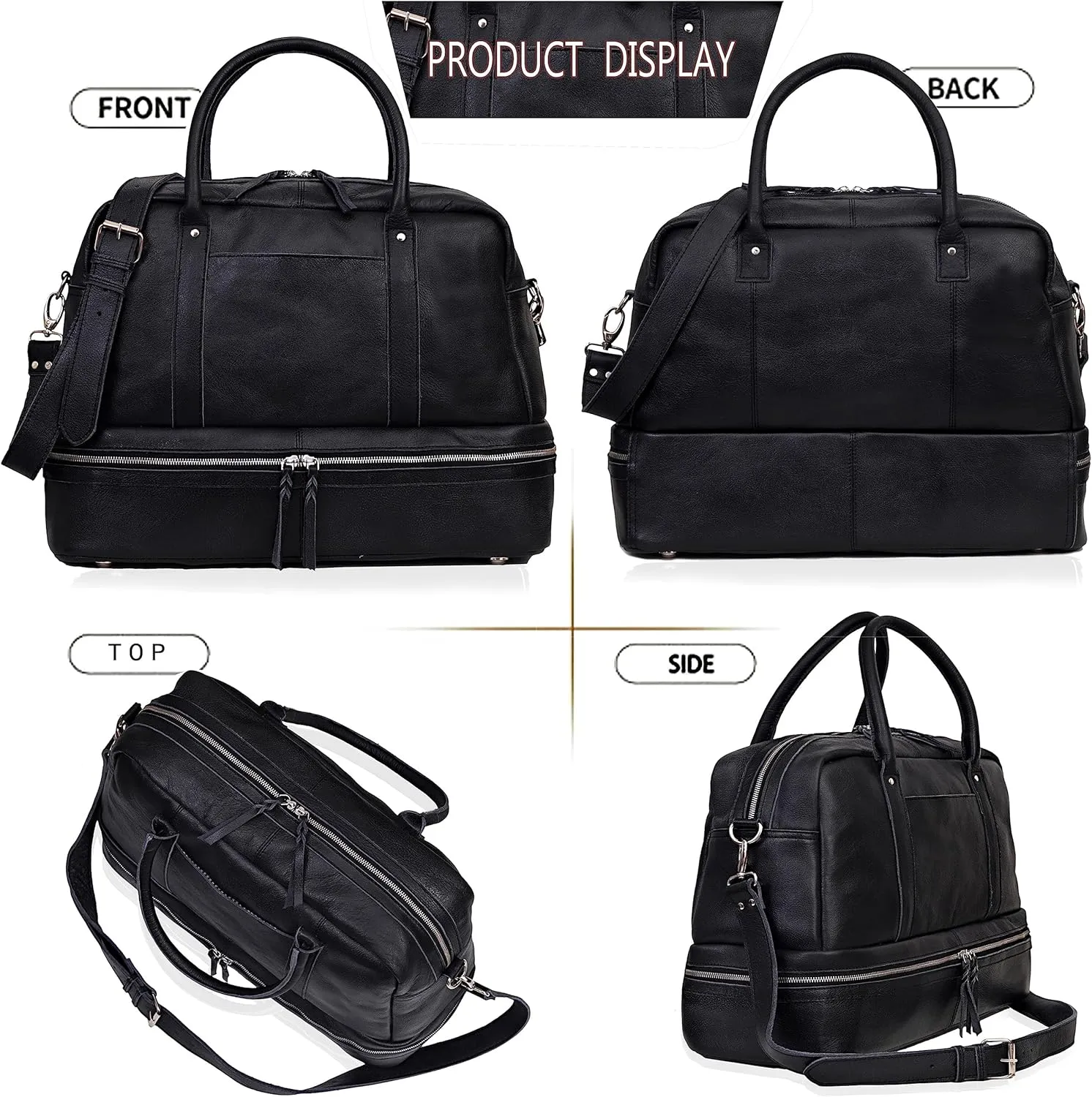 Women Weekender Women Travel Duffle Bag for Work Overnight 20 Inch Black Leather Shoulder Strap Zipper Packable Flight Essential Travel Friendly with Shoe Compartment Best Gift for Wife Cureo