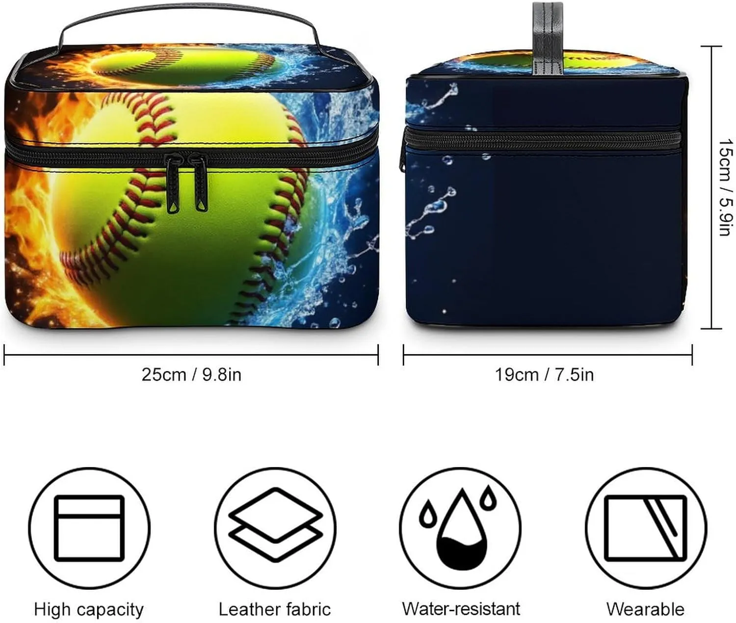 Women's Portable Makeup Bag, Travel Large Cosmetic Storage Case Ice Water Fire Flame Softball Baseball Toiletry Organizer Bag with Zipper Pouch