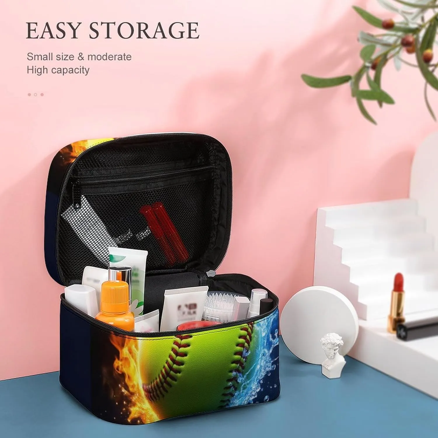 Women's Portable Makeup Bag, Travel Large Cosmetic Storage Case Ice Water Fire Flame Softball Baseball Toiletry Organizer Bag with Zipper Pouch