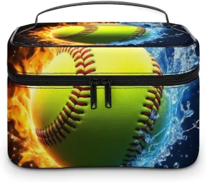 Women's Portable Makeup Bag, Travel Large Cosmetic Storage Case Ice Water Fire Flame Softball Baseball Toiletry Organizer Bag with Zipper Pouch