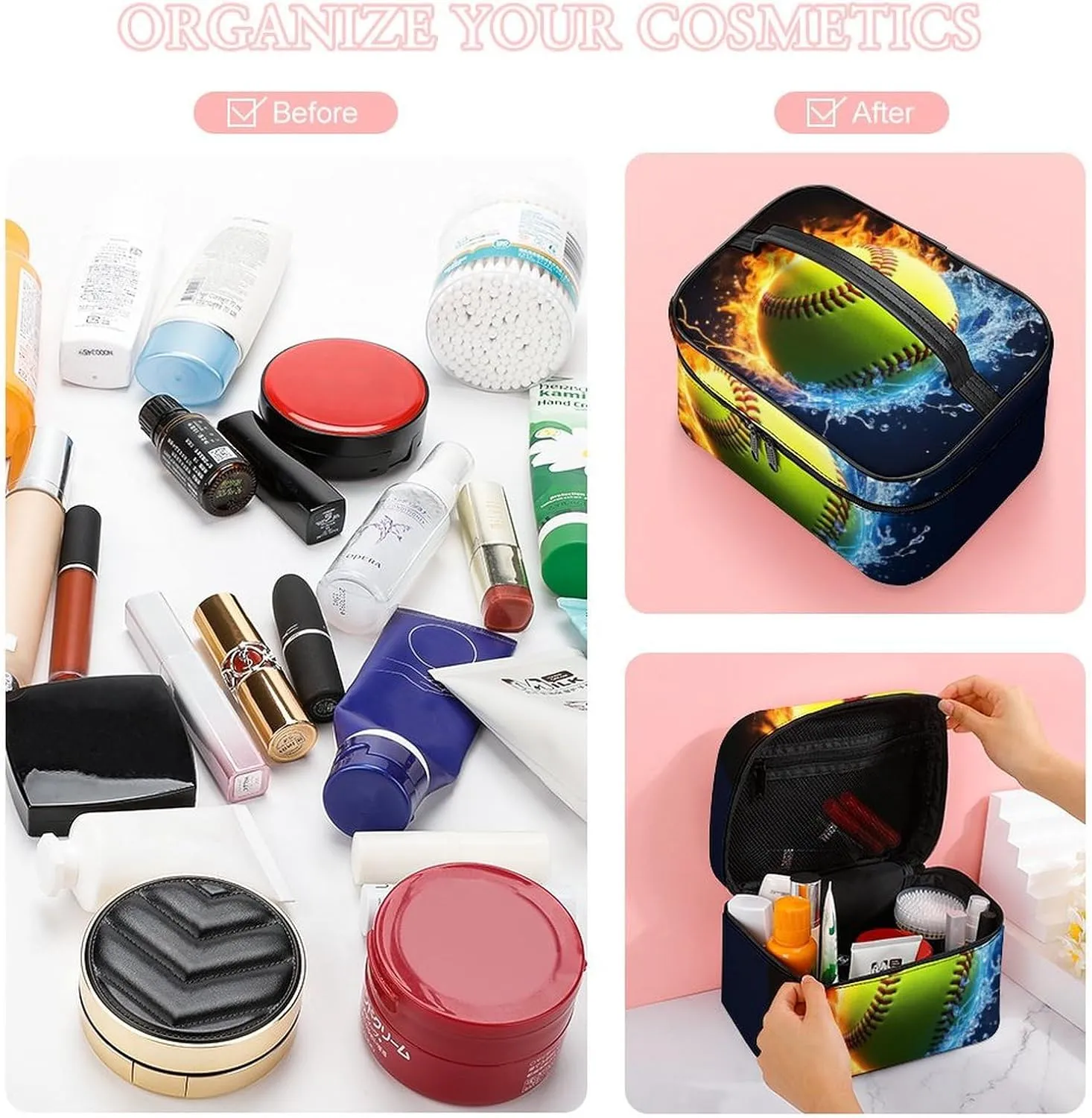 Women's Portable Makeup Bag, Travel Large Cosmetic Storage Case Ice Water Fire Flame Softball Baseball Toiletry Organizer Bag with Zipper Pouch