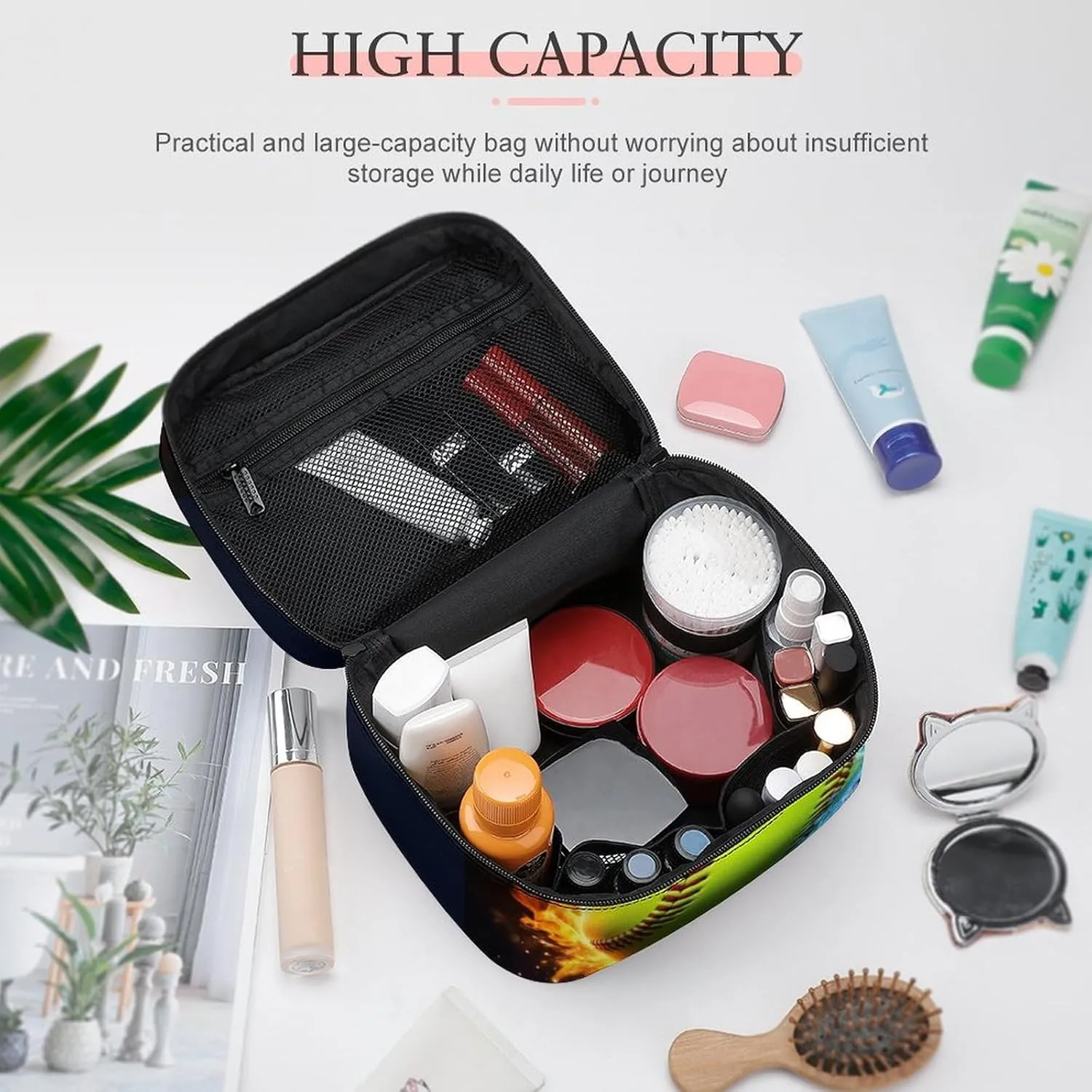 Women's Portable Makeup Bag, Travel Large Cosmetic Storage Case Ice Water Fire Flame Softball Baseball Toiletry Organizer Bag with Zipper Pouch