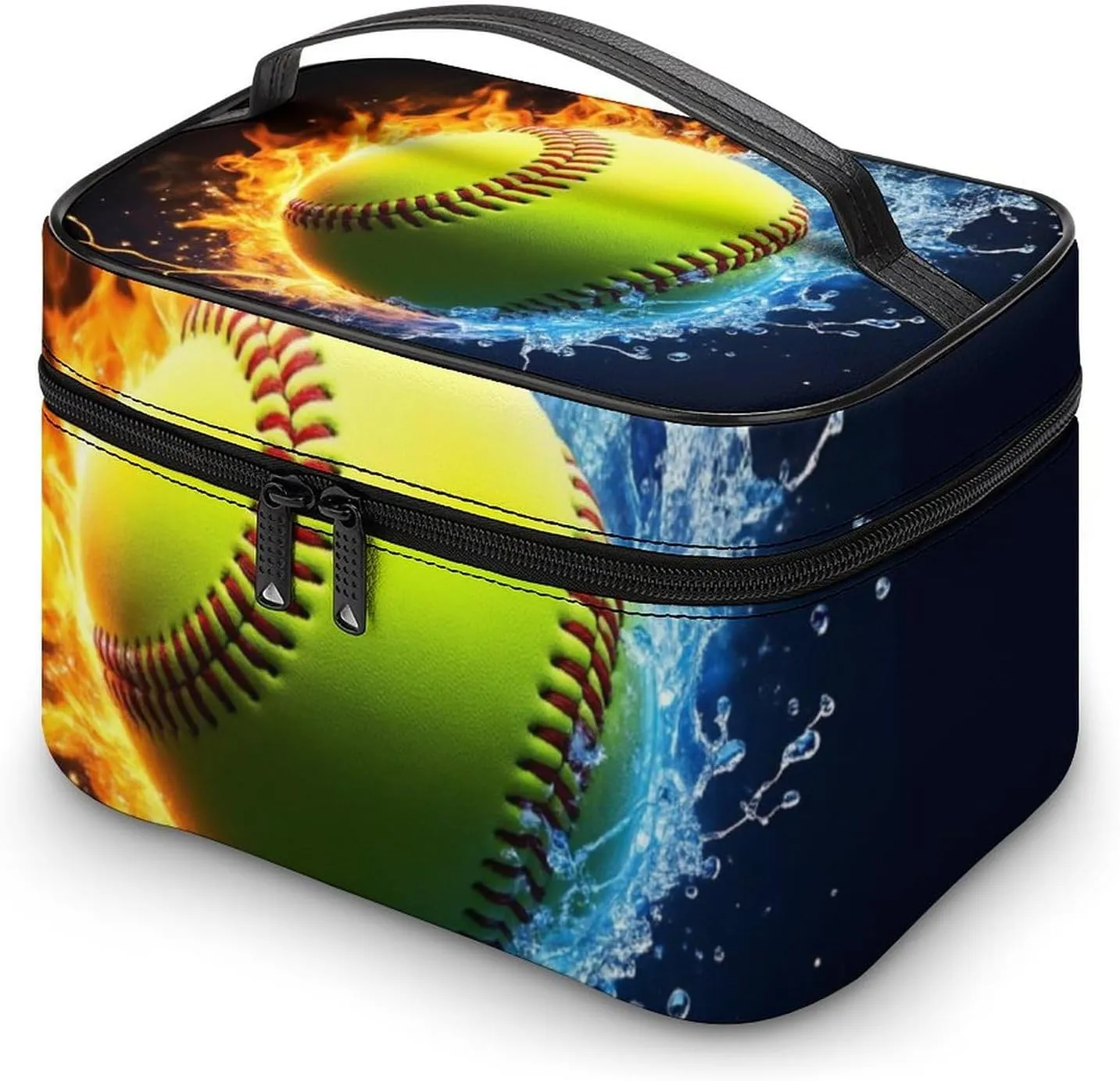 Women's Portable Makeup Bag, Travel Large Cosmetic Storage Case Ice Water Fire Flame Softball Baseball Toiletry Organizer Bag with Zipper Pouch