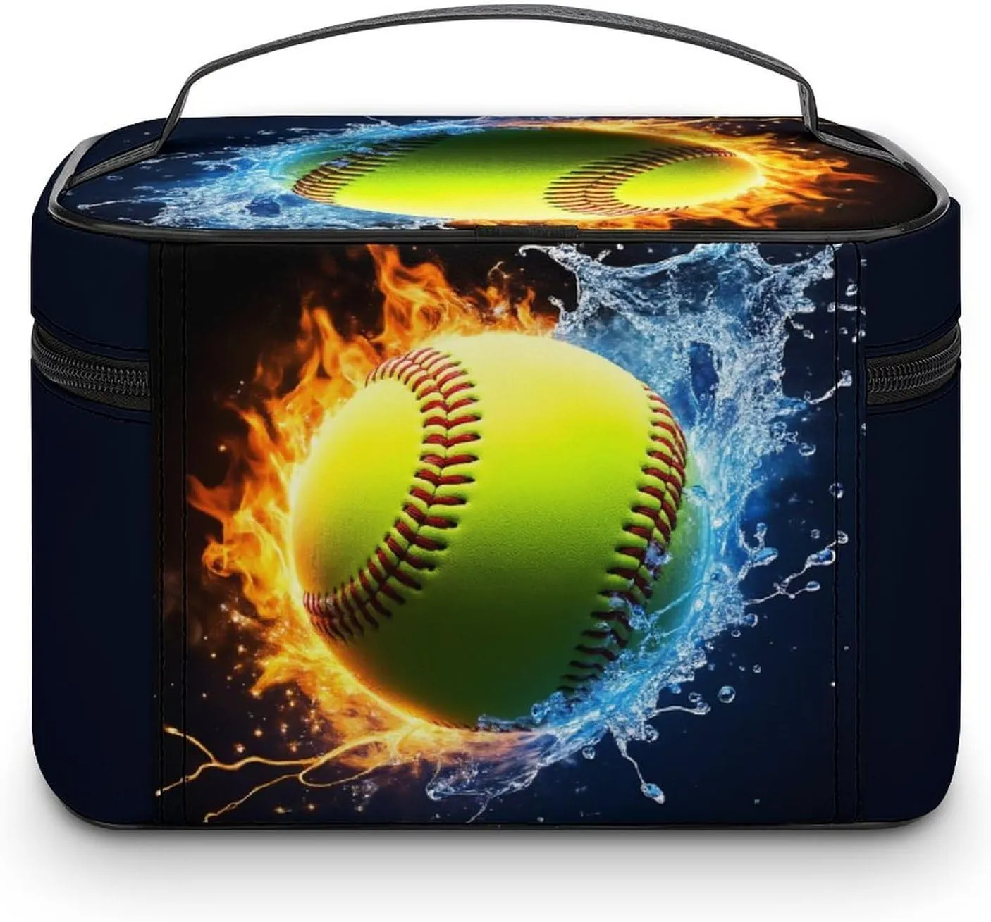 Women's Portable Makeup Bag, Travel Large Cosmetic Storage Case Ice Water Fire Flame Softball Baseball Toiletry Organizer Bag with Zipper Pouch