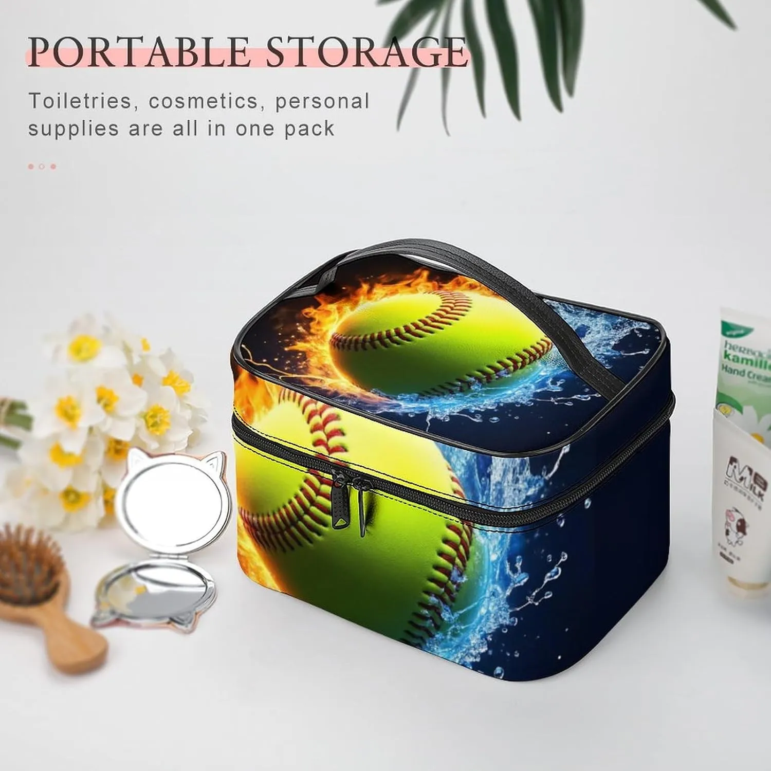 Women's Portable Makeup Bag, Travel Large Cosmetic Storage Case Ice Water Fire Flame Softball Baseball Toiletry Organizer Bag with Zipper Pouch