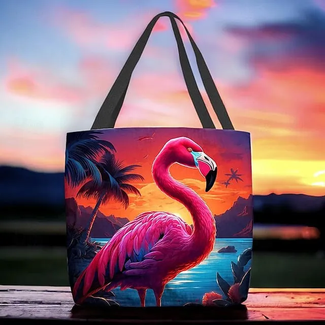 Women's Tote Shoulder Bag Canvas Tote Bag Polyester Shopping Daily Holiday Print Large Capacity Foldable Lightweight Flamingo Light Red Blue Fuchsia