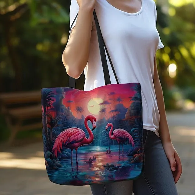 Women's Tote Shoulder Bag Canvas Tote Bag Polyester Shopping Daily Holiday Print Large Capacity Foldable Lightweight Flamingo Light Red Blue Fuchsia