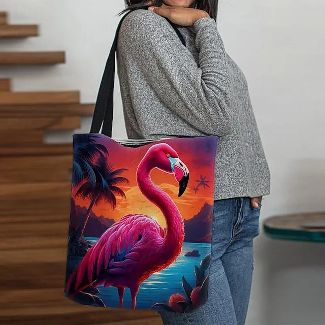 Women's Tote Shoulder Bag Canvas Tote Bag Polyester Shopping Daily Holiday Print Large Capacity Foldable Lightweight Flamingo Light Red Blue Fuchsia