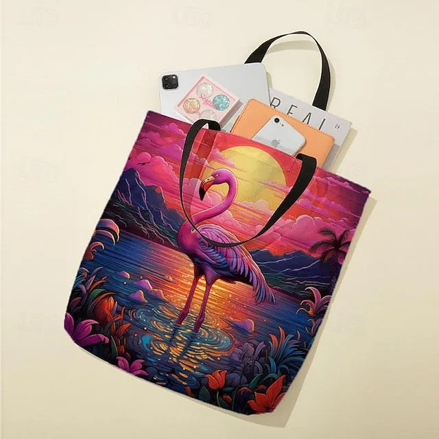 Women's Tote Shoulder Bag Canvas Tote Bag Polyester Shopping Daily Holiday Print Large Capacity Foldable Lightweight Flamingo Light Red Blue Fuchsia