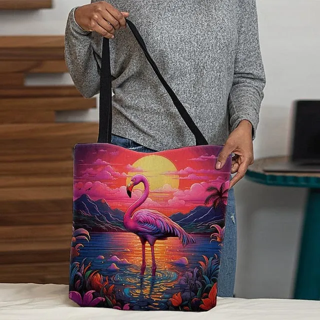 Women's Tote Shoulder Bag Canvas Tote Bag Polyester Shopping Daily Holiday Print Large Capacity Foldable Lightweight Flamingo Light Red Blue Fuchsia