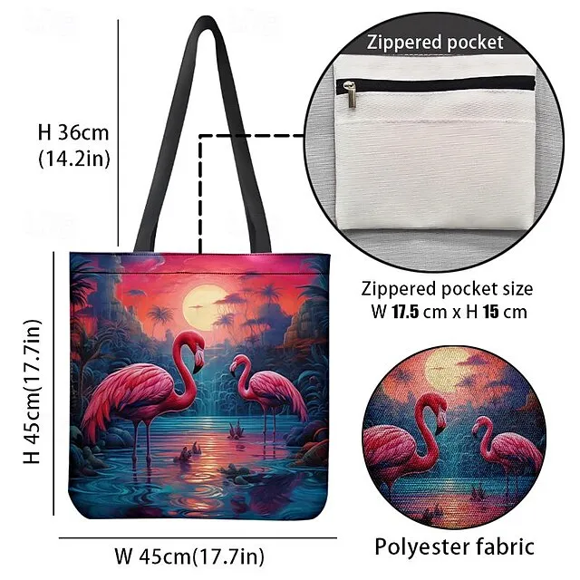 Women's Tote Shoulder Bag Canvas Tote Bag Polyester Shopping Daily Holiday Print Large Capacity Foldable Lightweight Flamingo Light Red Blue Fuchsia
