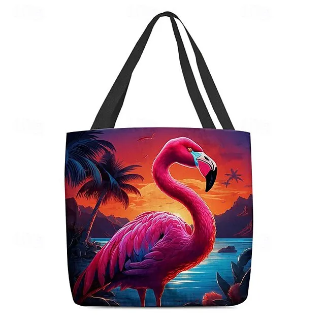 Women's Tote Shoulder Bag Canvas Tote Bag Polyester Shopping Daily Holiday Print Large Capacity Foldable Lightweight Flamingo Light Red Blue Fuchsia