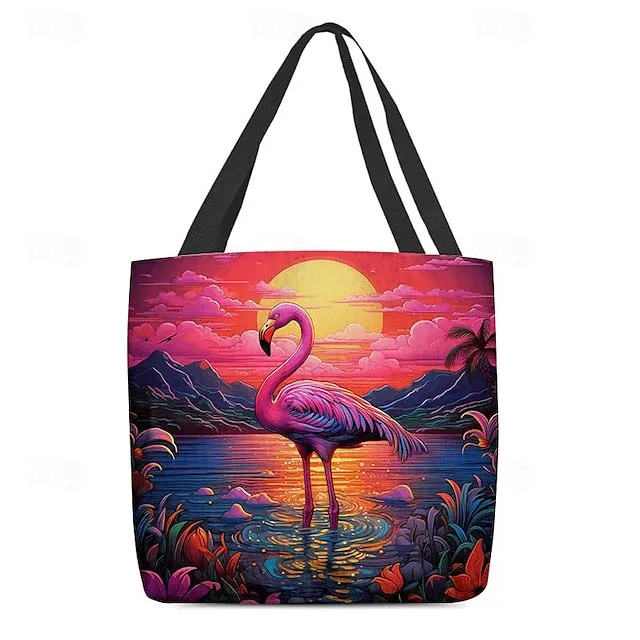 Women's Tote Shoulder Bag Canvas Tote Bag Polyester Shopping Daily Holiday Print Large Capacity Foldable Lightweight Flamingo Light Red Blue Fuchsia