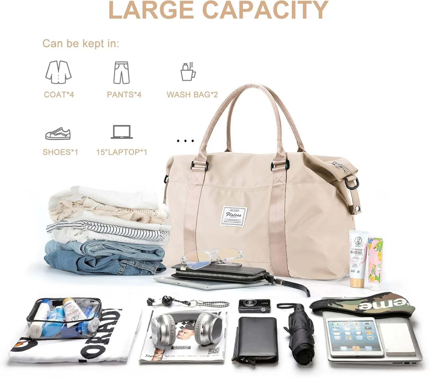 Womens travel bags, weekender carry on for women, sports Gym Bag, workout duffel bag, overnight shoulder Bag fit 15.6 inch Laptop (Large, Off White)