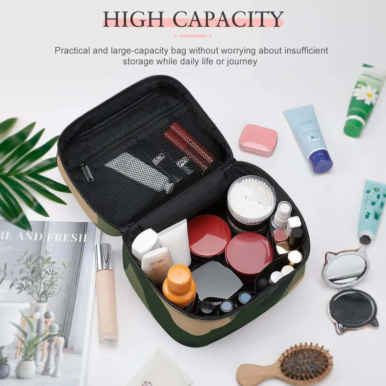Womens Travel Makeup Bag, Waterproof Cosmetic Organizer Case Green Camouflage Army Camo Toiletry Storage Bag with Zipper Mesh Pouch