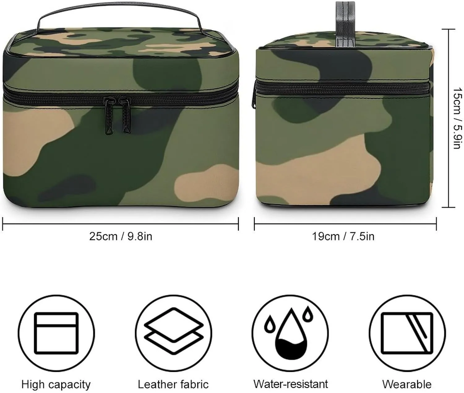Womens Travel Makeup Bag, Waterproof Cosmetic Organizer Case Green Camouflage Army Camo Toiletry Storage Bag with Zipper Mesh Pouch